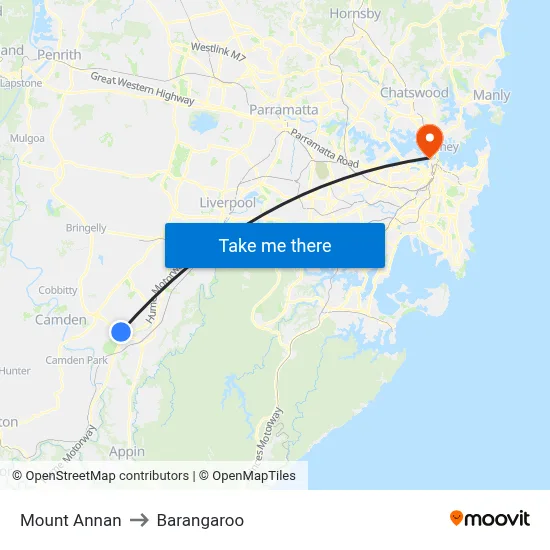 Mount Annan to Barangaroo map