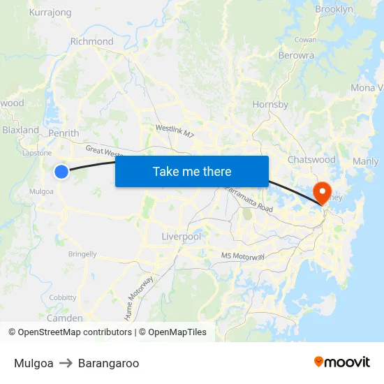 Mulgoa to Barangaroo map