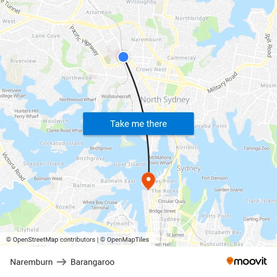 Naremburn to Barangaroo map