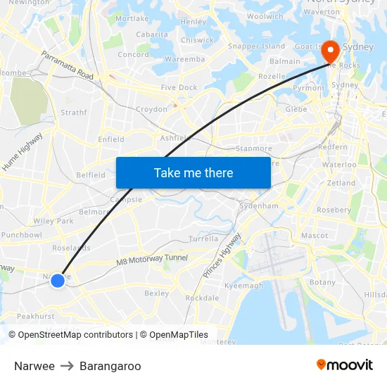 Narwee to Barangaroo map