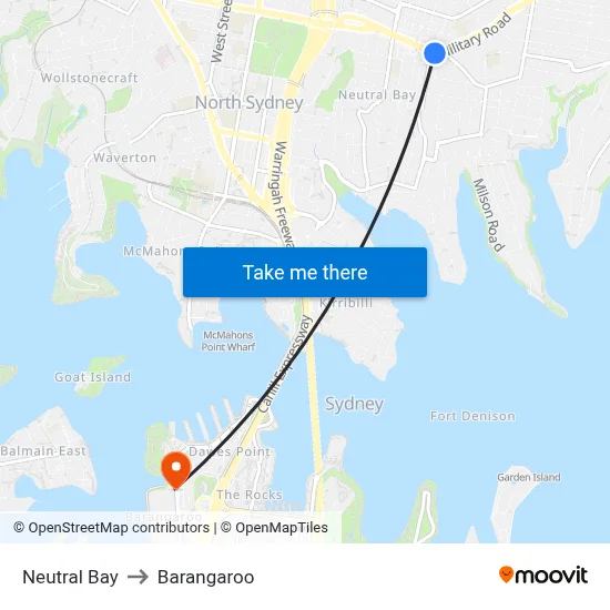 Neutral Bay to Barangaroo map