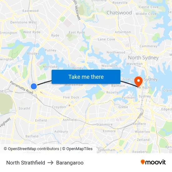 North Strathfield to Barangaroo map