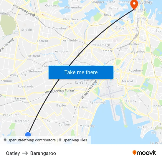 Oatley to Barangaroo map