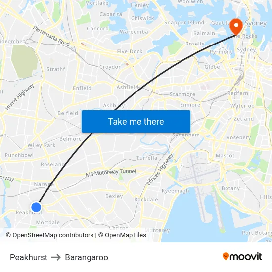 Peakhurst to Barangaroo map