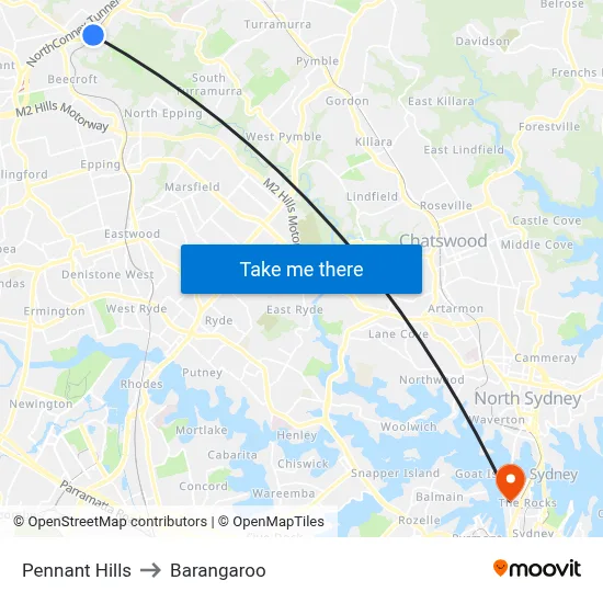 Pennant Hills to Barangaroo map