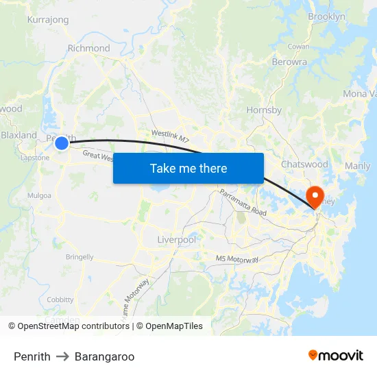 Penrith to Barangaroo map