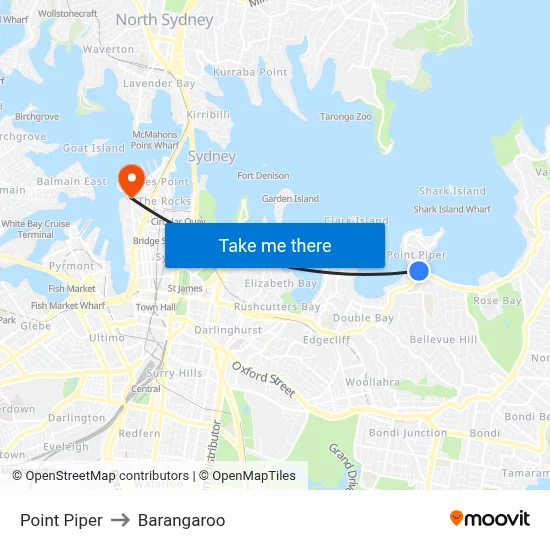 Point Piper to Barangaroo map