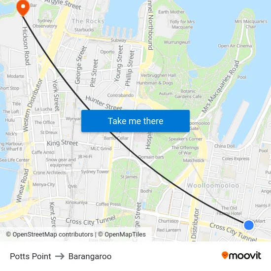 Potts Point to Barangaroo map