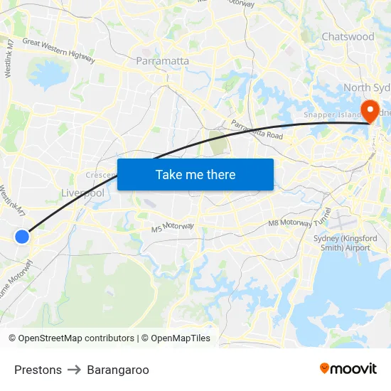 Prestons to Barangaroo map
