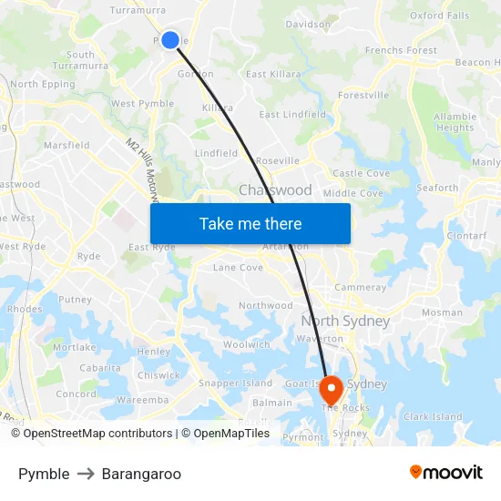 Pymble to Barangaroo map