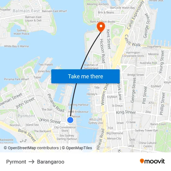 Pyrmont to Barangaroo map