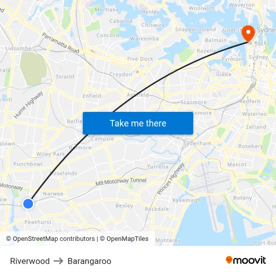 Riverwood to Barangaroo map