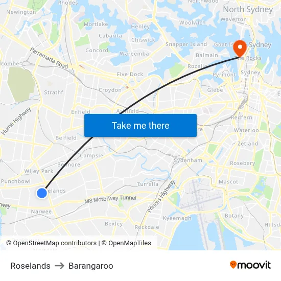 Roselands to Barangaroo map