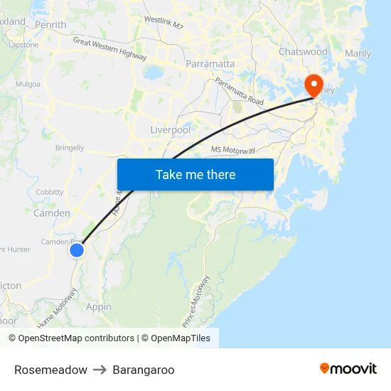 Rosemeadow to Barangaroo map