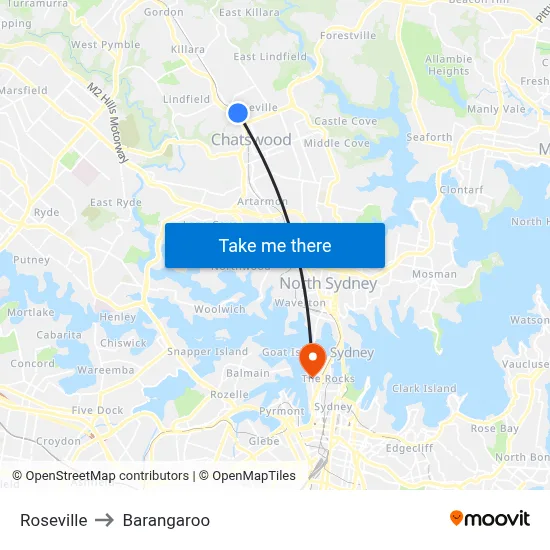Roseville to Barangaroo map