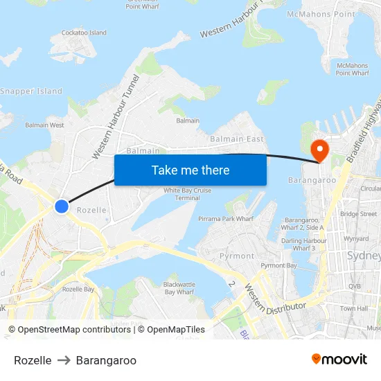 Rozelle to Barangaroo map
