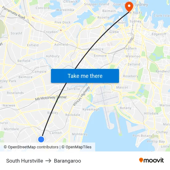 South Hurstville to Barangaroo map