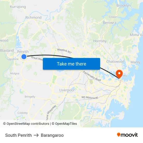 South Penrith to Barangaroo map
