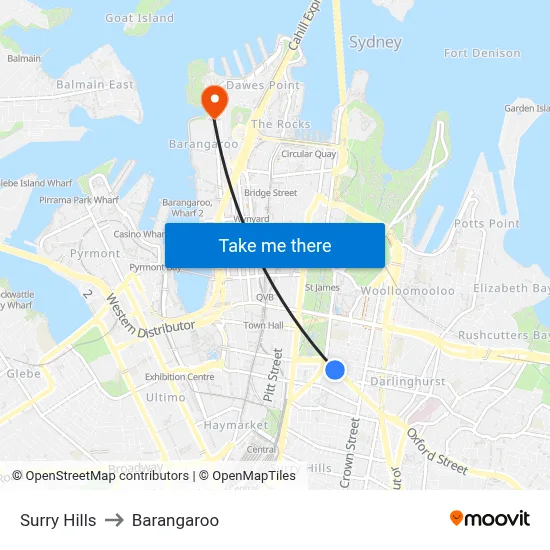 Surry Hills to Barangaroo map