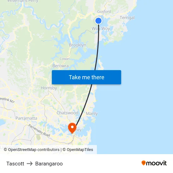 Tascott to Barangaroo map