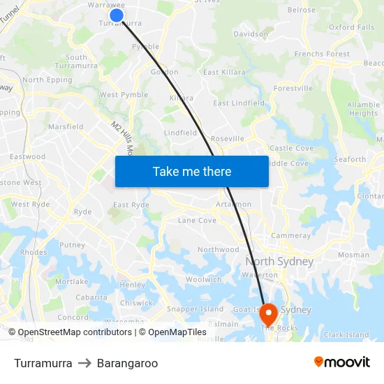 Turramurra to Barangaroo map