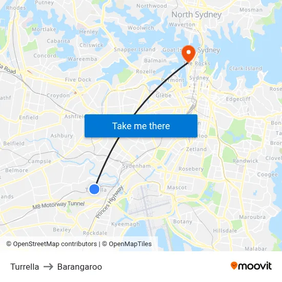 Turrella to Barangaroo map