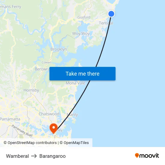 Wamberal to Barangaroo map