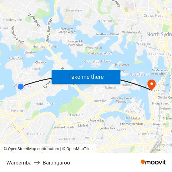 Wareemba to Barangaroo map