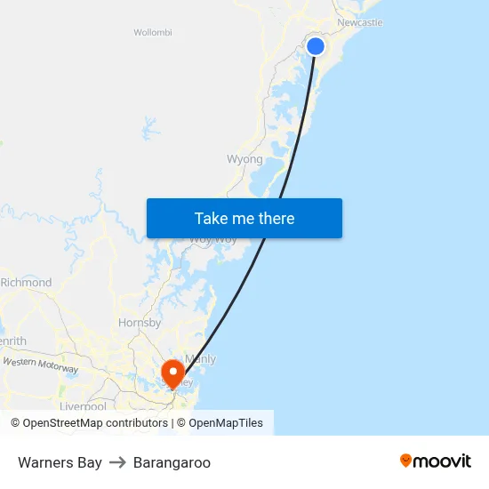 Warners Bay to Barangaroo map