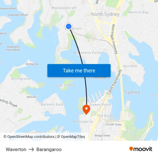 Waverton to Barangaroo map