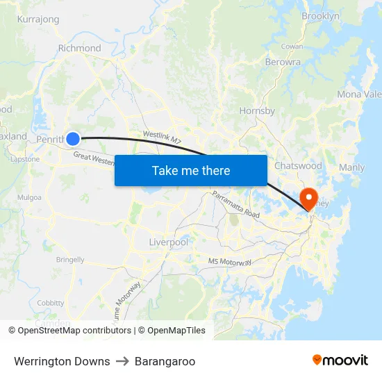Werrington Downs to Barangaroo map
