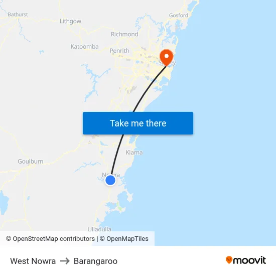 West Nowra to Barangaroo map