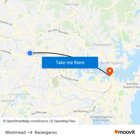 Westmead to Barangaroo map