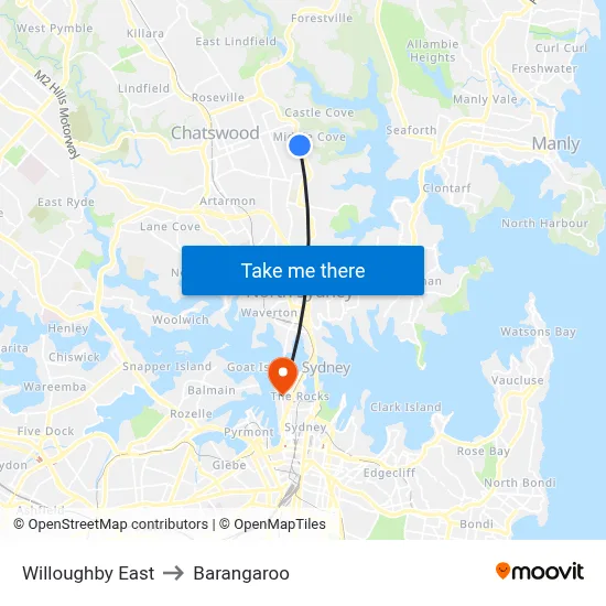 Willoughby East to Barangaroo map