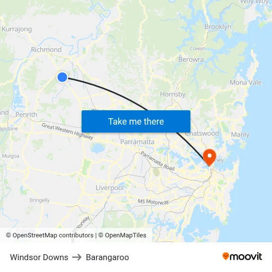 Windsor Downs to Barangaroo map