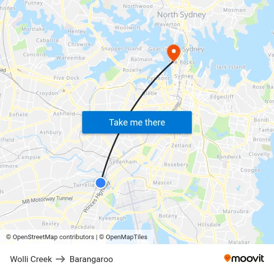 Wolli Creek to Barangaroo map