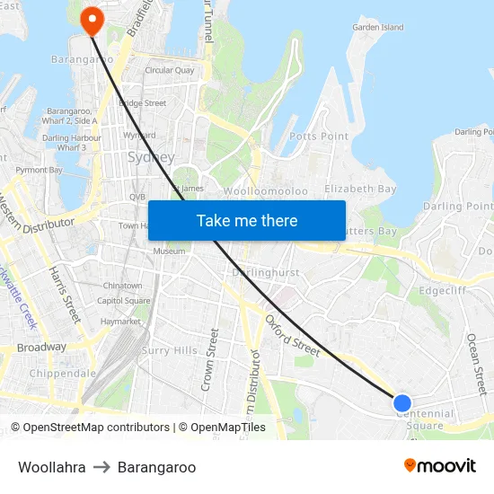 Woollahra to Barangaroo map