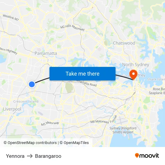 Yennora to Barangaroo map