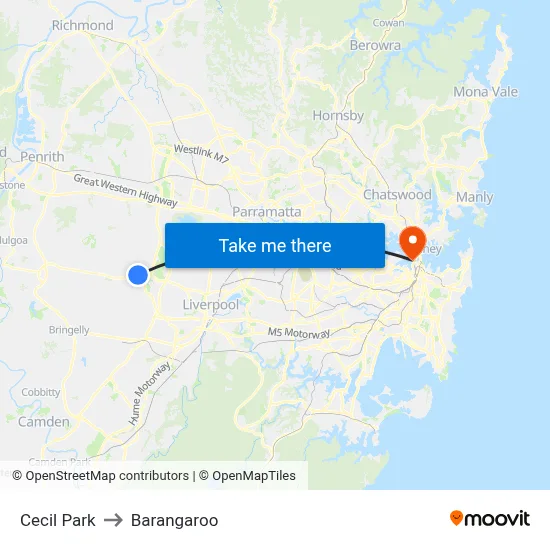 Cecil Park to Barangaroo map