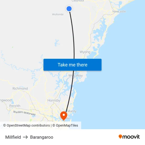 Millfield to Barangaroo map