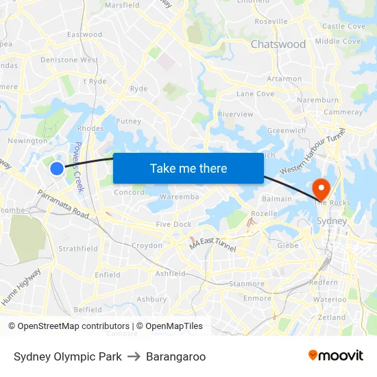 Sydney Olympic Park to Barangaroo map