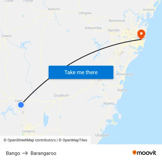 Bango to Barangaroo map