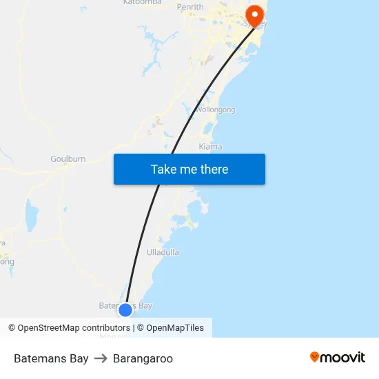 Batemans Bay to Barangaroo map