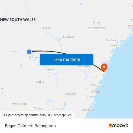 Bogan Gate to Barangaroo map