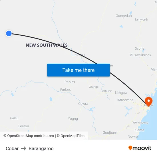 Cobar to Barangaroo map