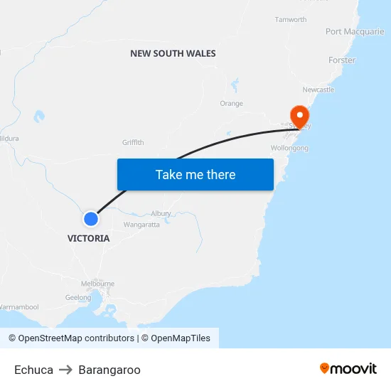 Echuca to Barangaroo map