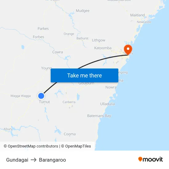 Gundagai to Barangaroo map