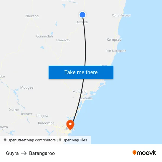 Guyra to Barangaroo map