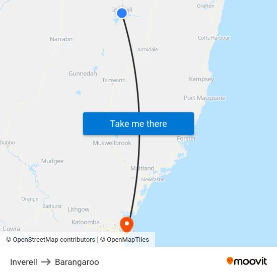 Inverell to Barangaroo map