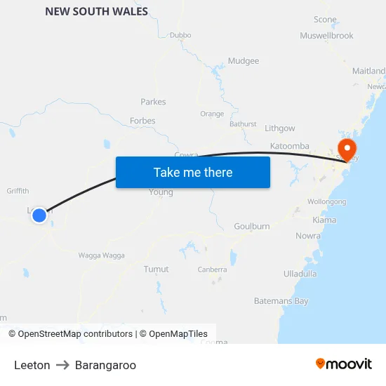 Leeton to Barangaroo map